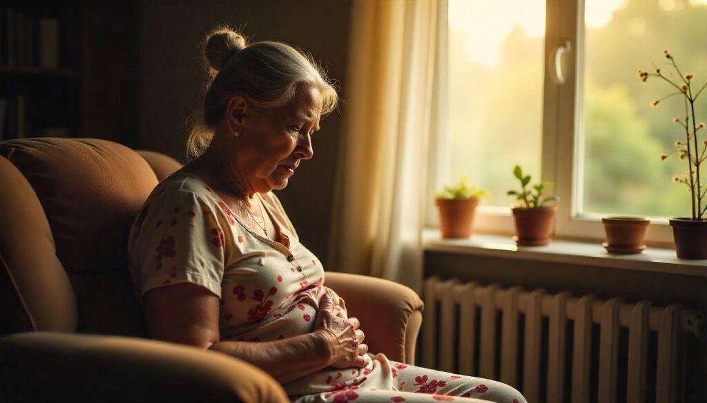 a woman sitting in a chair holding her stomach due to stress related digestive issues