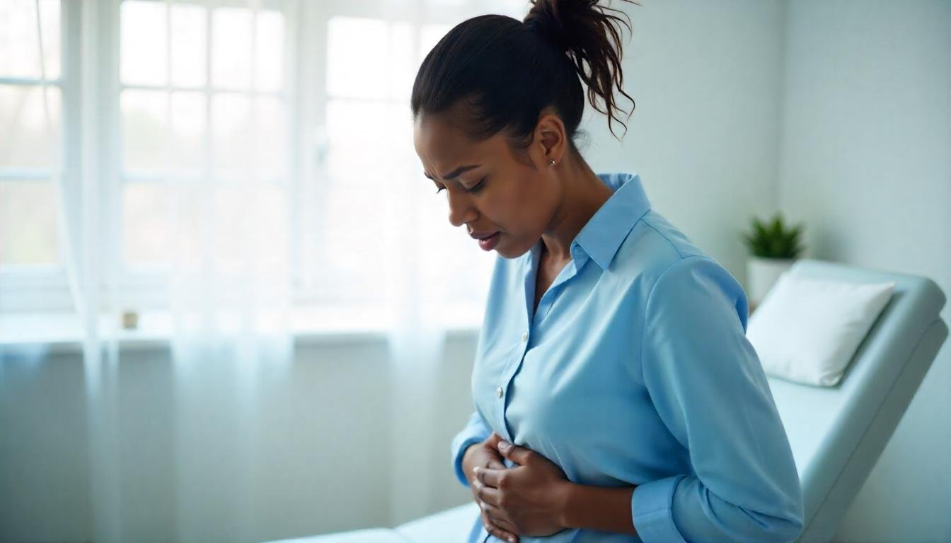 stressed woman with hand on stomach, highlighting the gut-brain connection.
